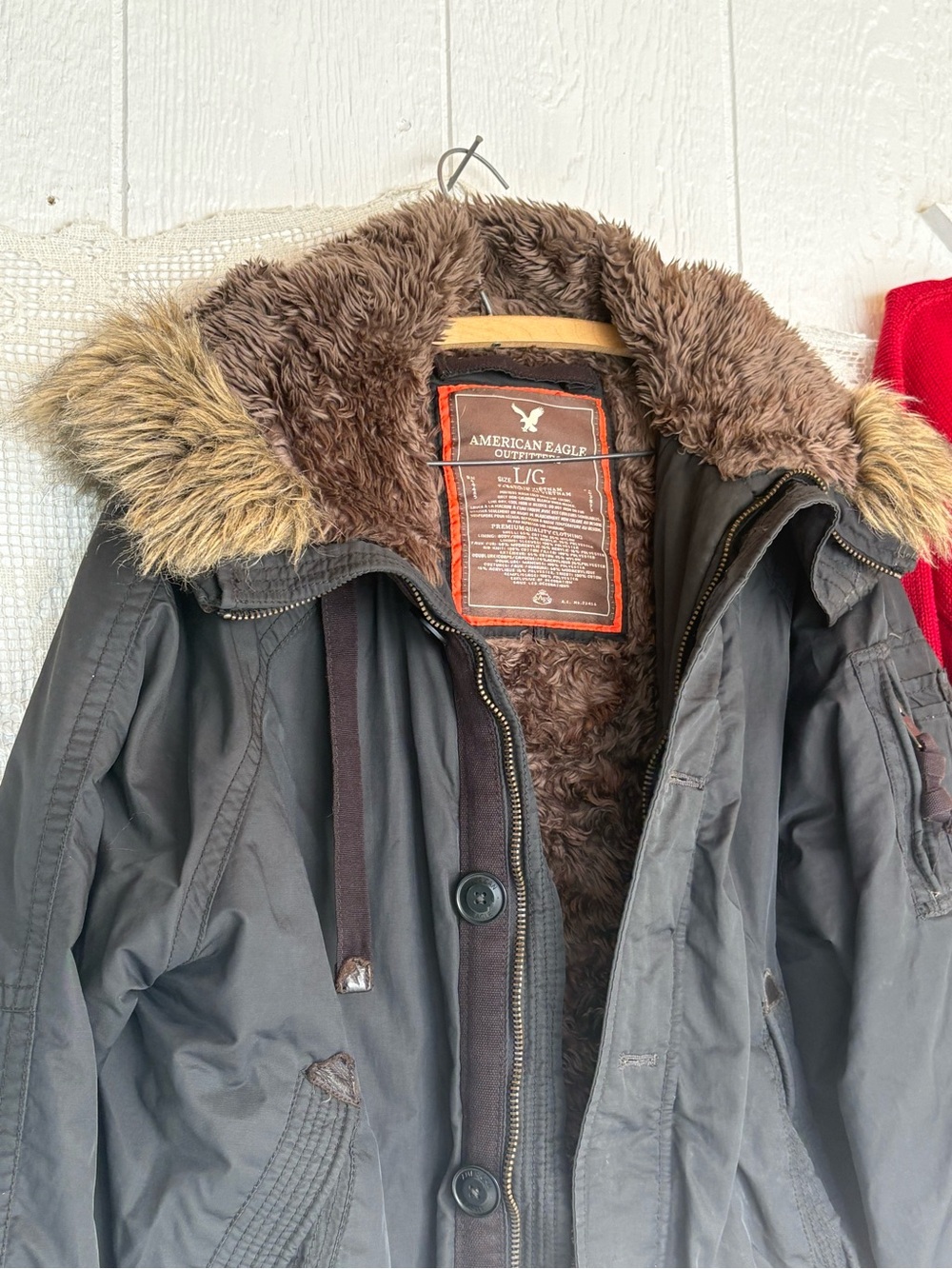 American Eagle Outfitters Men's Dark Brown Hooded Parka with Faux Fur Trim
